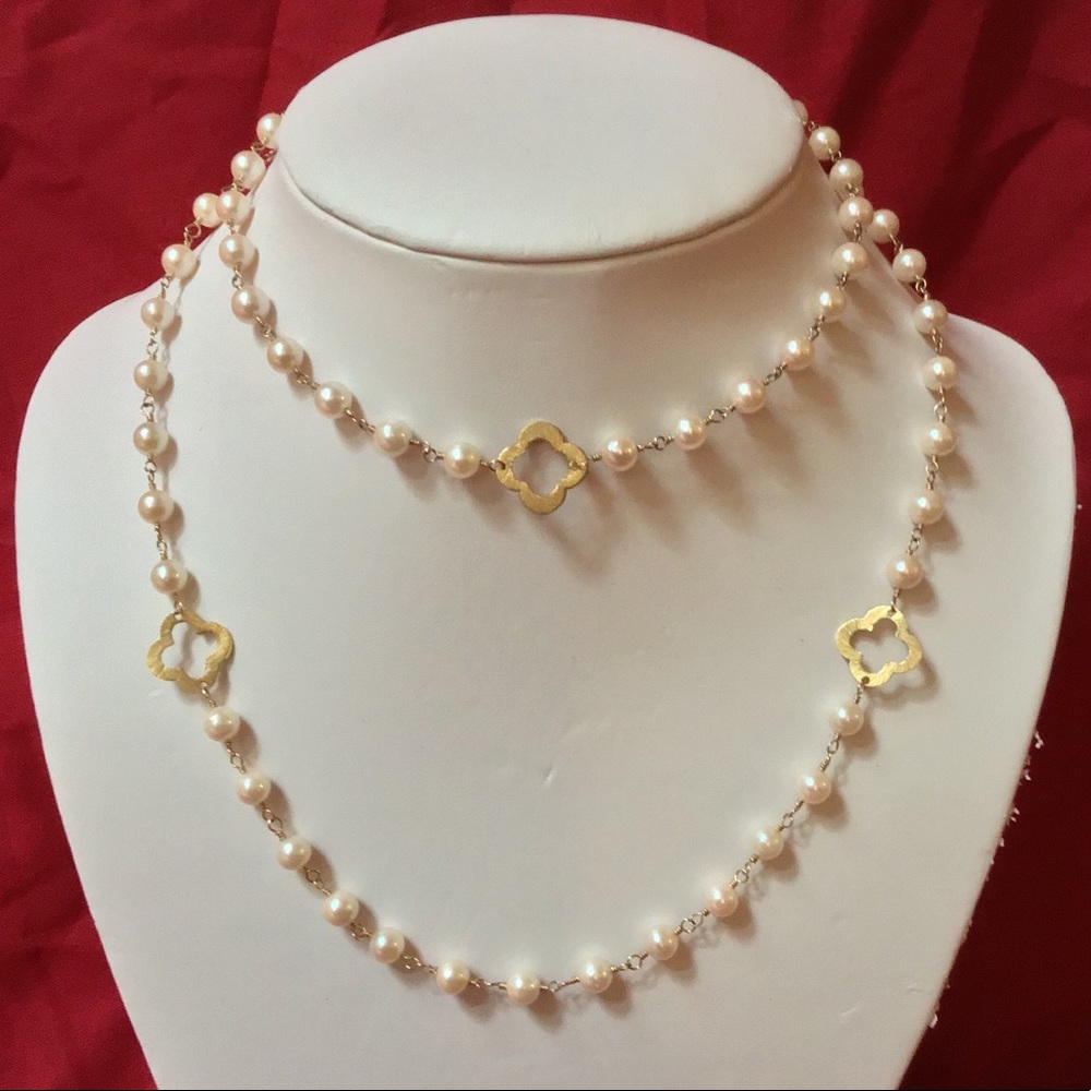 Genuine Pearl Gold Clover Necklace handmade